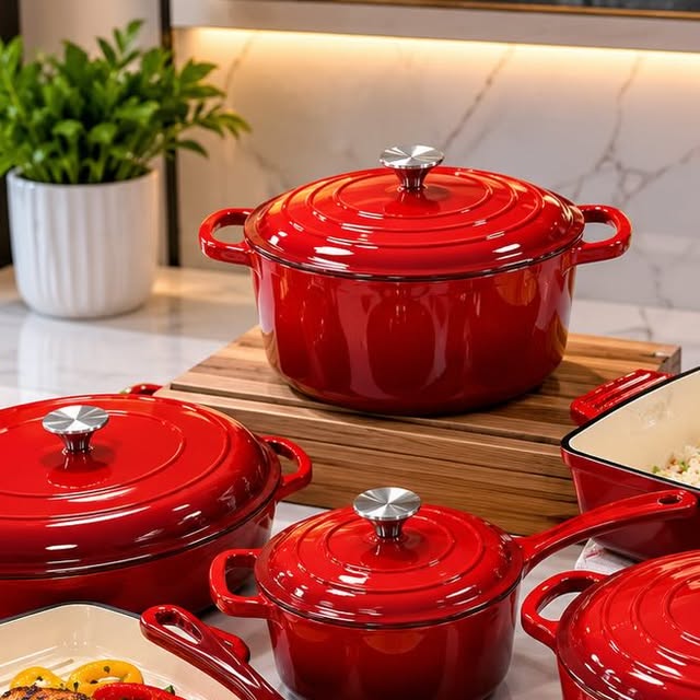 4 likes, 1 comments - the_classic_kitchens_and_more on June 21, 2026: "11. PIECES ENAMELED CAST IRON COOKWARE SET

Our enameled cast iron cookwares are crafted from high-quality materials and finished with a  double enamel coating, making it a healthier and safer choice for everyday cooking.

Unlike ordinary cast iron in the market, our type undergoes strict double enameling,  quality testing to ensure superior performance and long-lasting durabi...