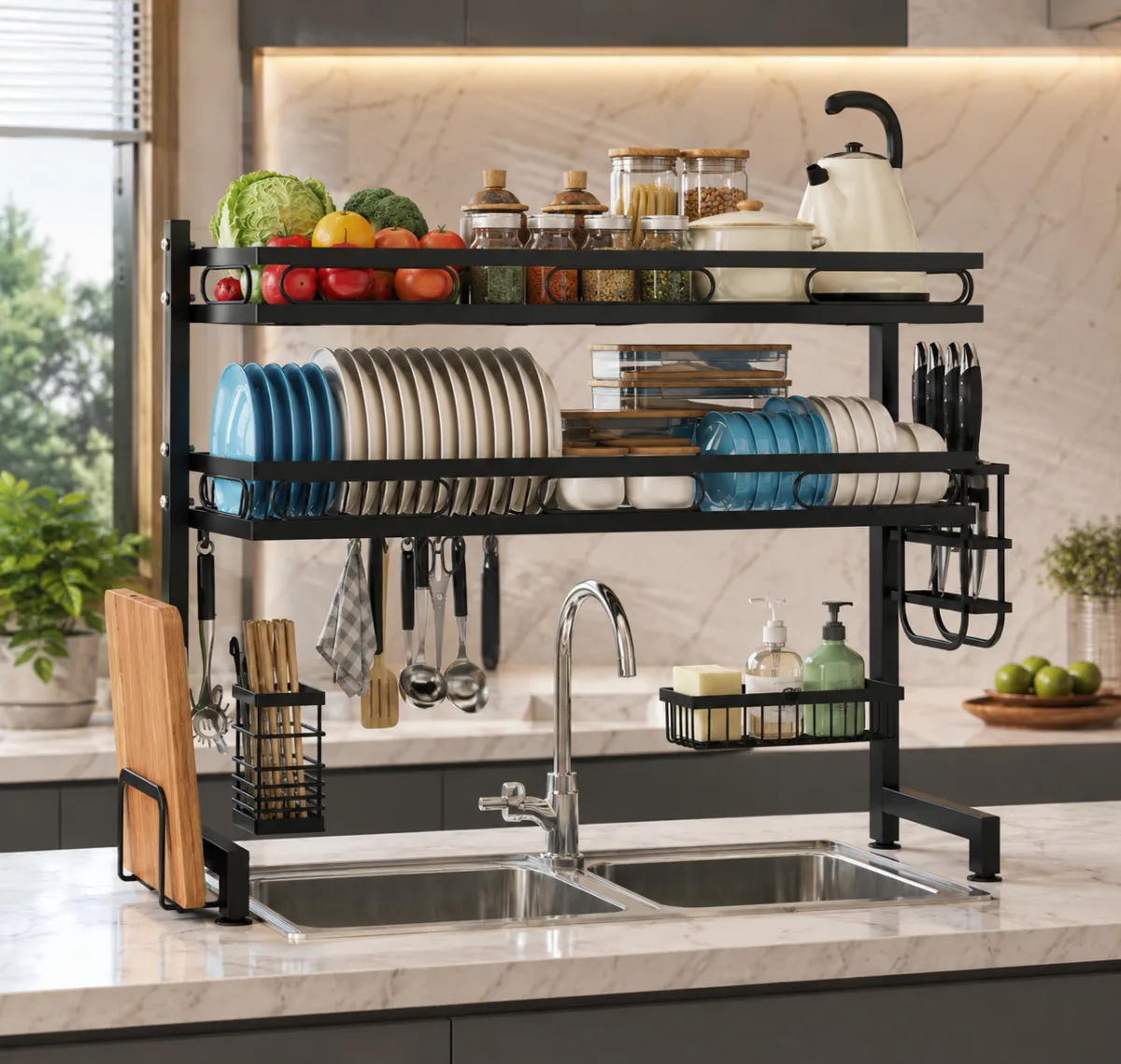 Double step oversink dish rack