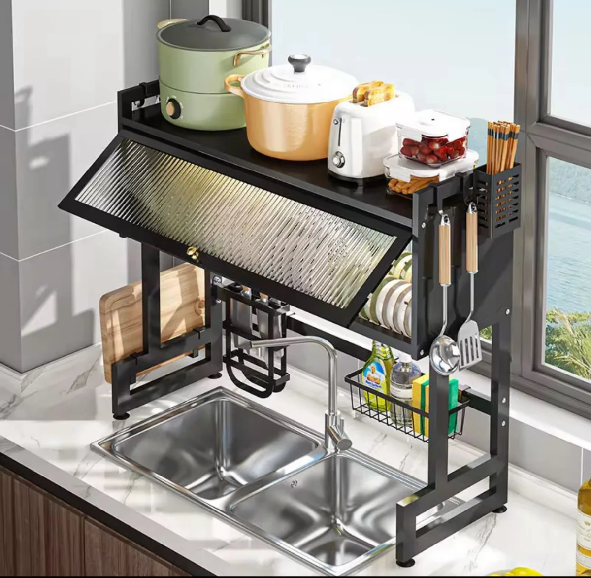 Oversink dish rack with cover