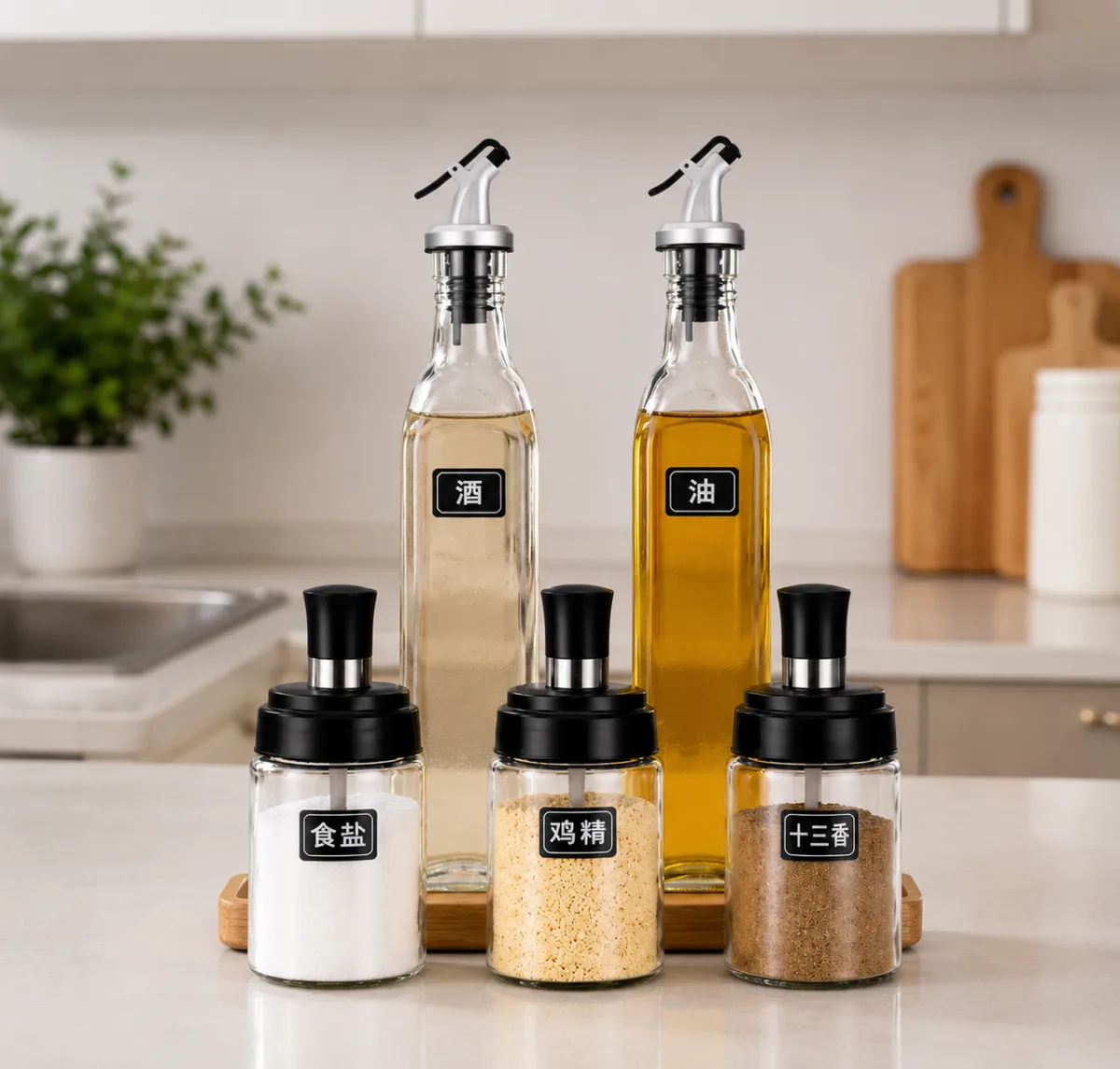 Glass Oil dispenser & spices jars set 