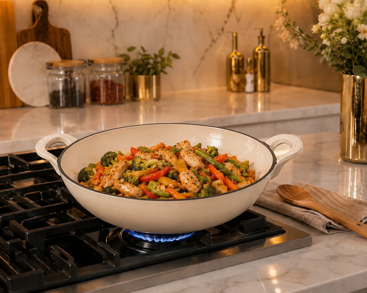 Enameled cast iron wok pan with glass lid