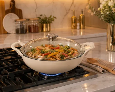 Enameled cast iron wok pan with glass lid