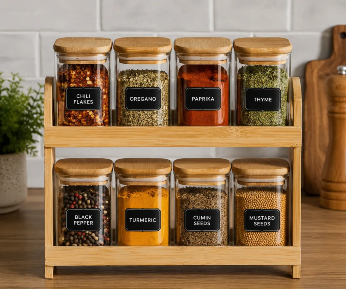 8pcs Spices glass jar with bamboo rack