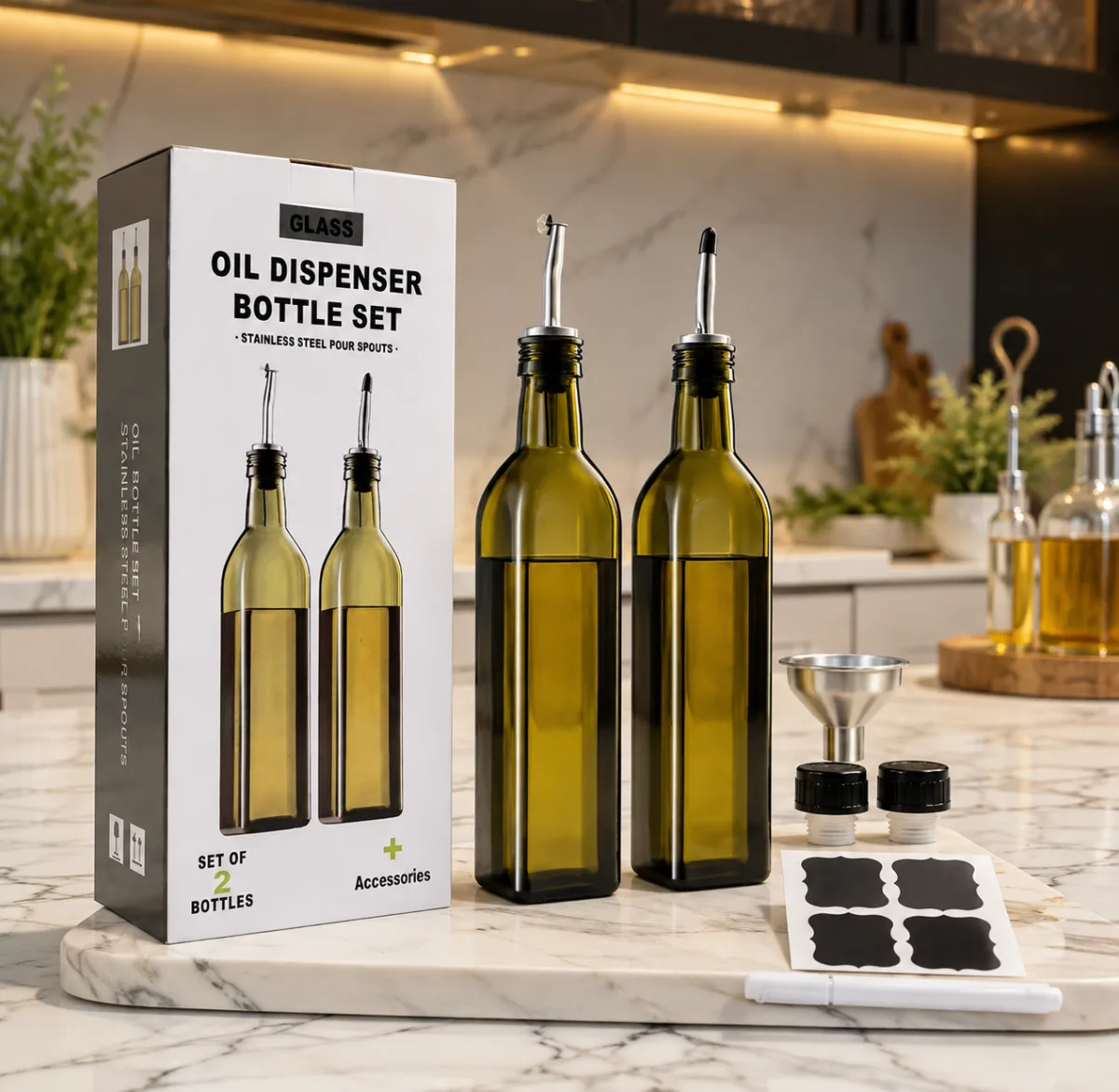 Oil dispenser set with labels