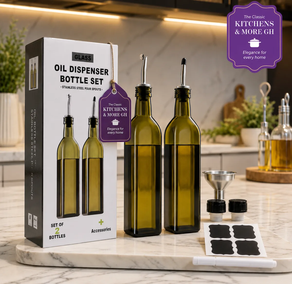 Oil dispenser set with labels