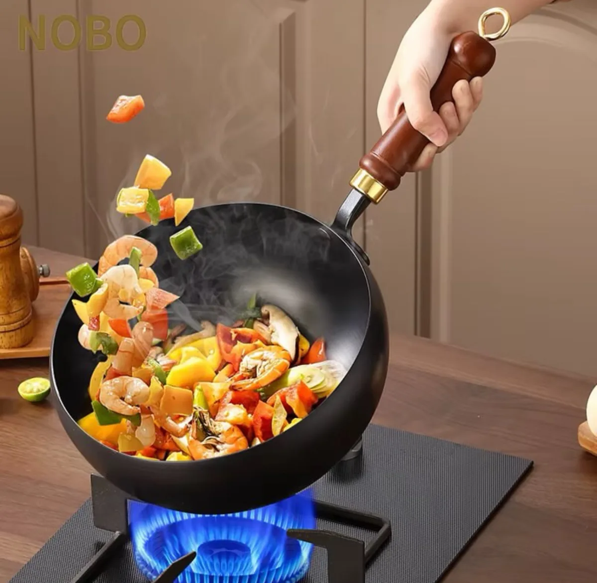 Carbon steel non stick wok pan
