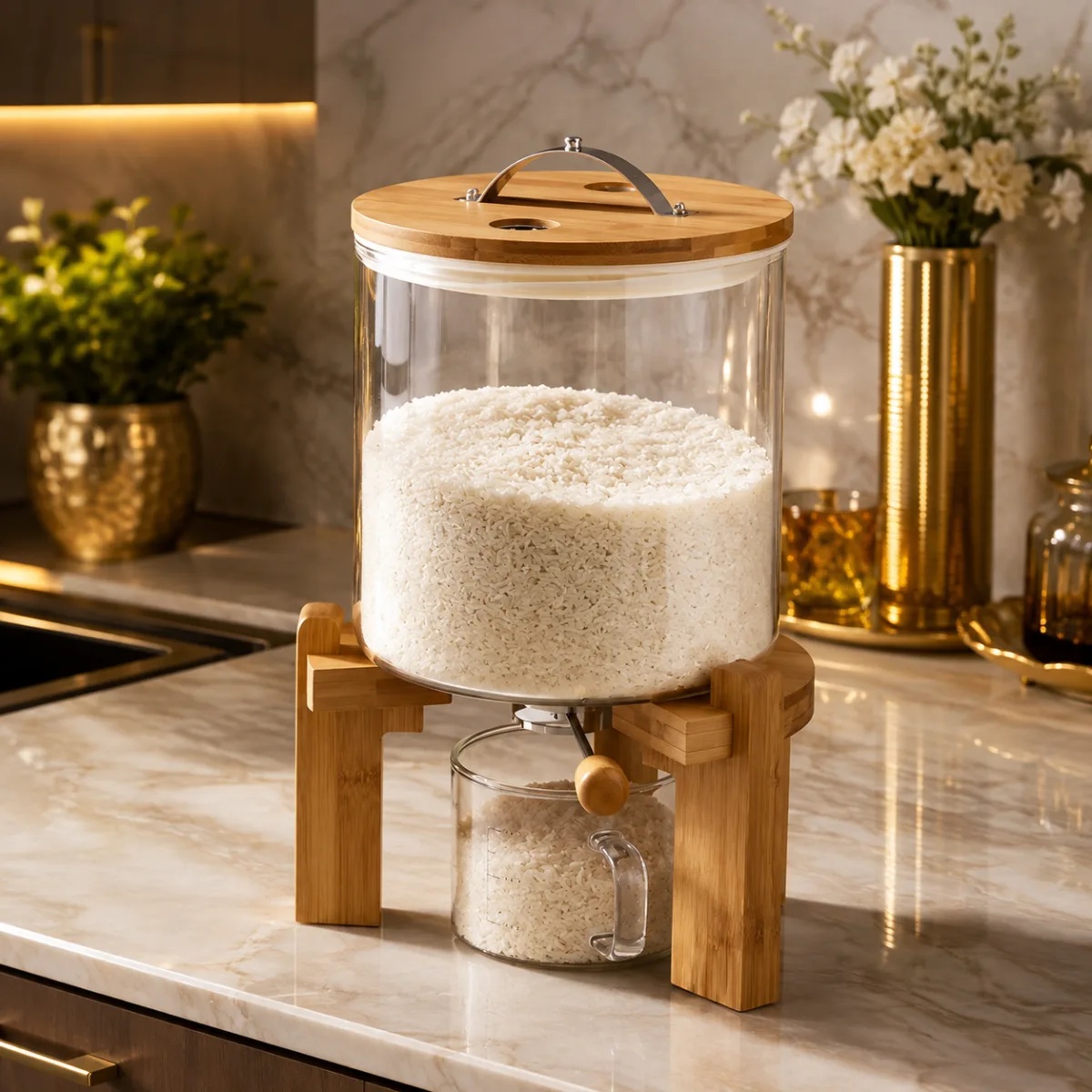 Luxury glass rice dispenser with bamboo stand 5.5kg