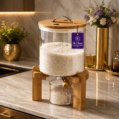 Luxury glass rice dispenser with bamboo stand 5.5kg