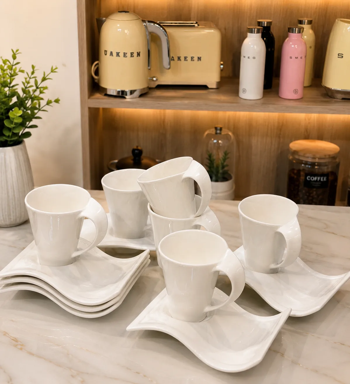 Curvy ceramic cups & saucers set 12pcs