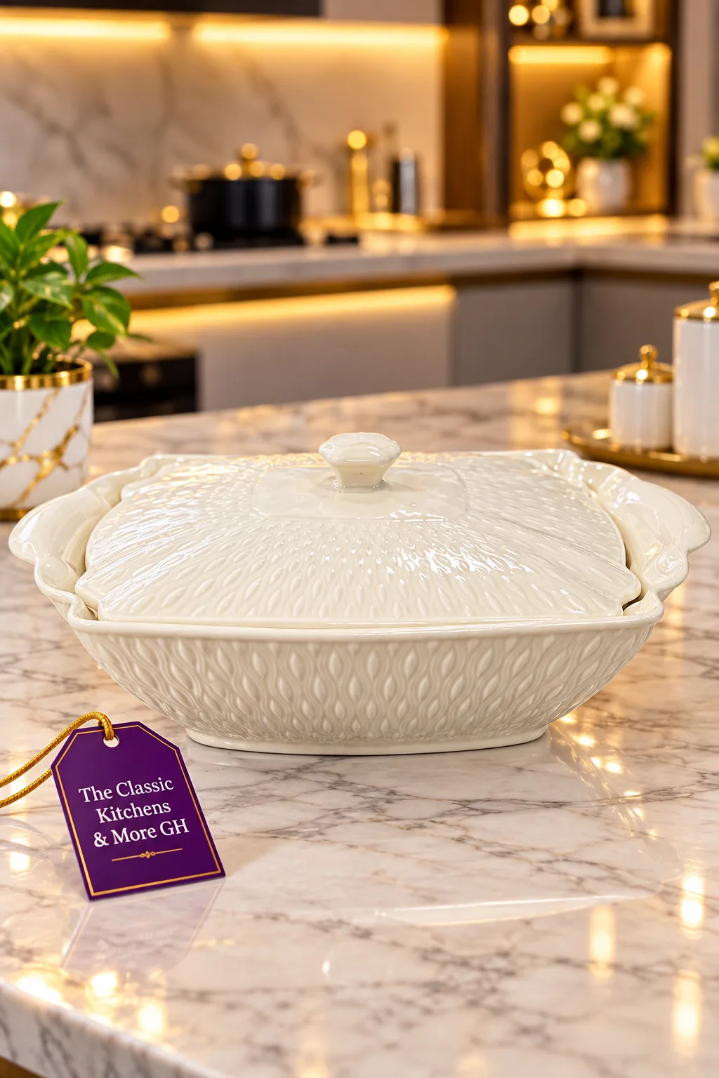 Embossed ceramic casserole dish with lid