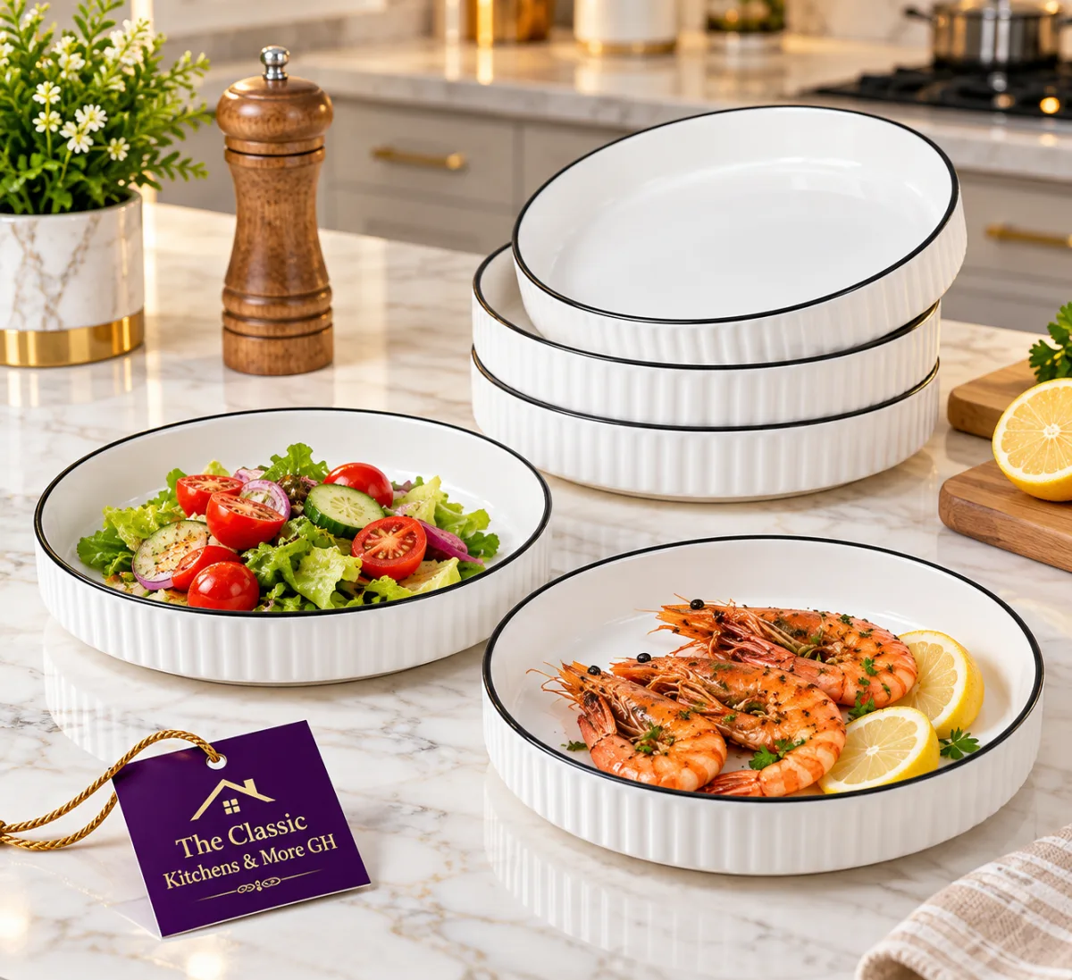 Ribbed deep ceramic plate 2pcs