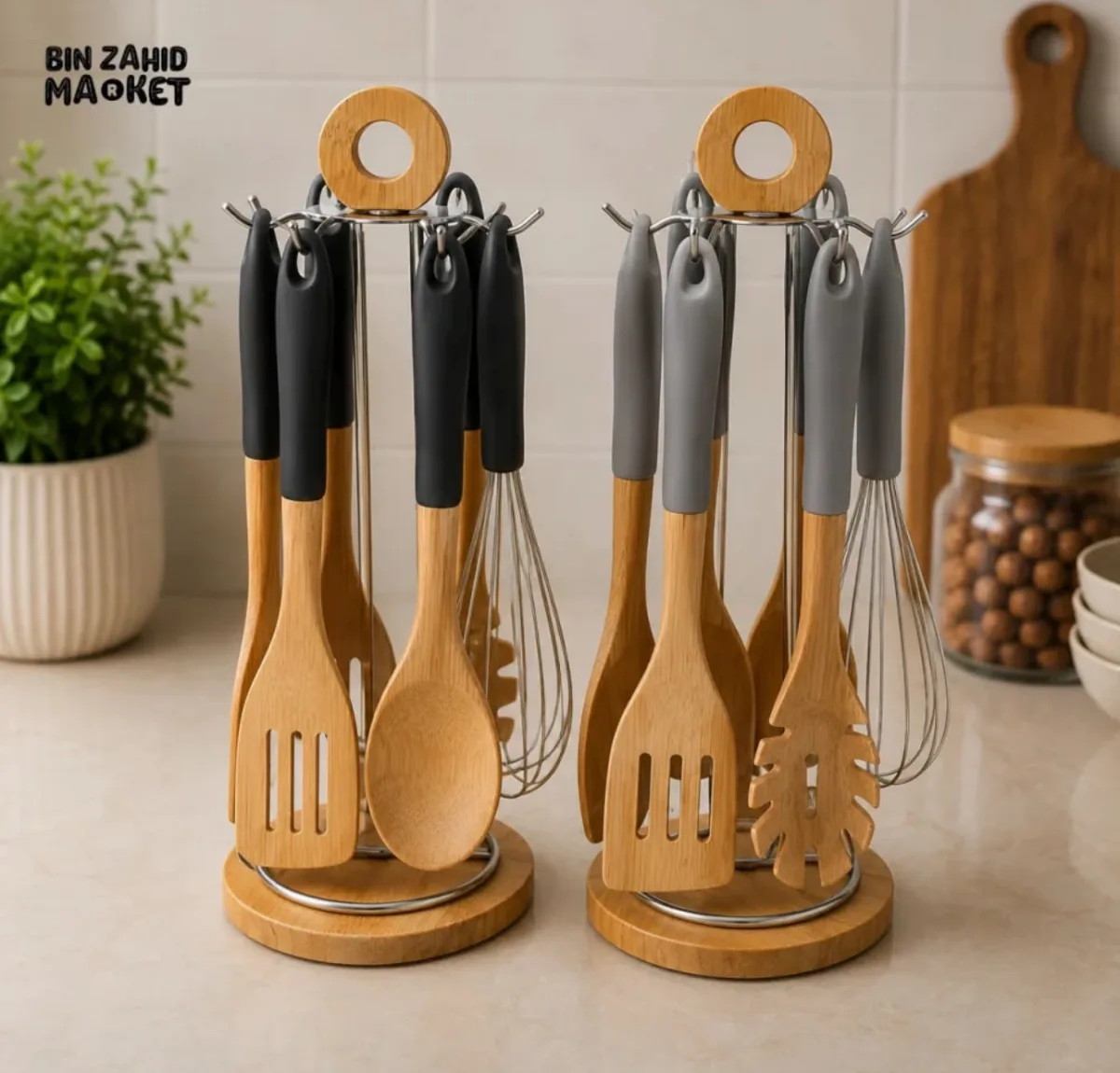 Bamboo kitchen ladle with stand 